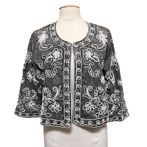 Soft Surroundings Embroidered Open Front Jacket Black Art Artsy Gray‎ White Sz L - Picture 1 of 8